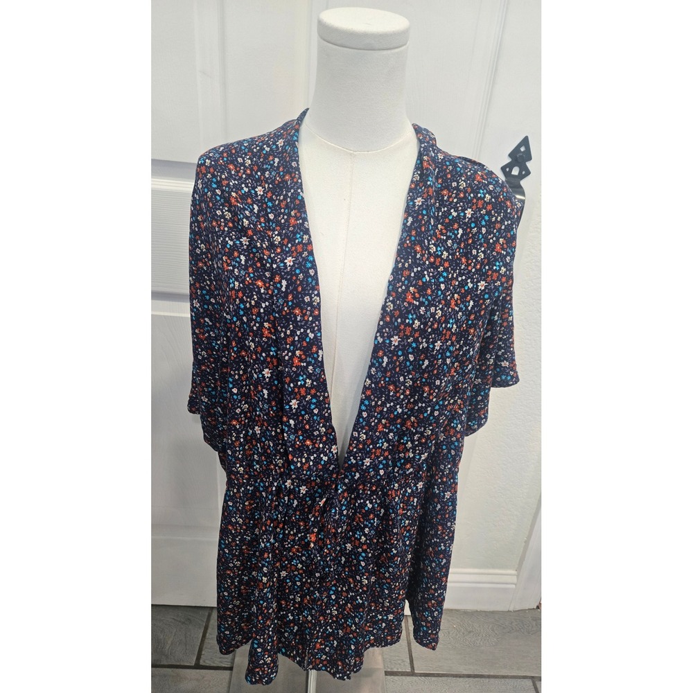 Easel Floral Kimono Wrap Top Navy Blue Ditsy Print Pleated Back Rayon Large